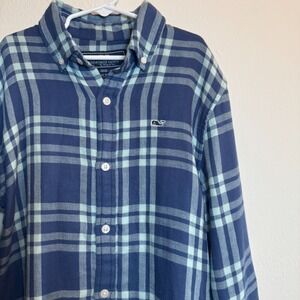 Vineyard Vines Boys M Blue Plaid Whale Shirt Logo Shirt Button Down‎ Cotton